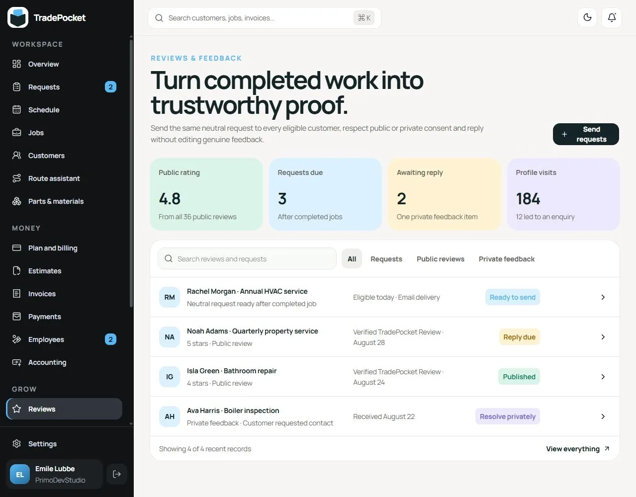 TradePocket customer dashboard Reviews section showing feedback, review requests and response activity with sample records