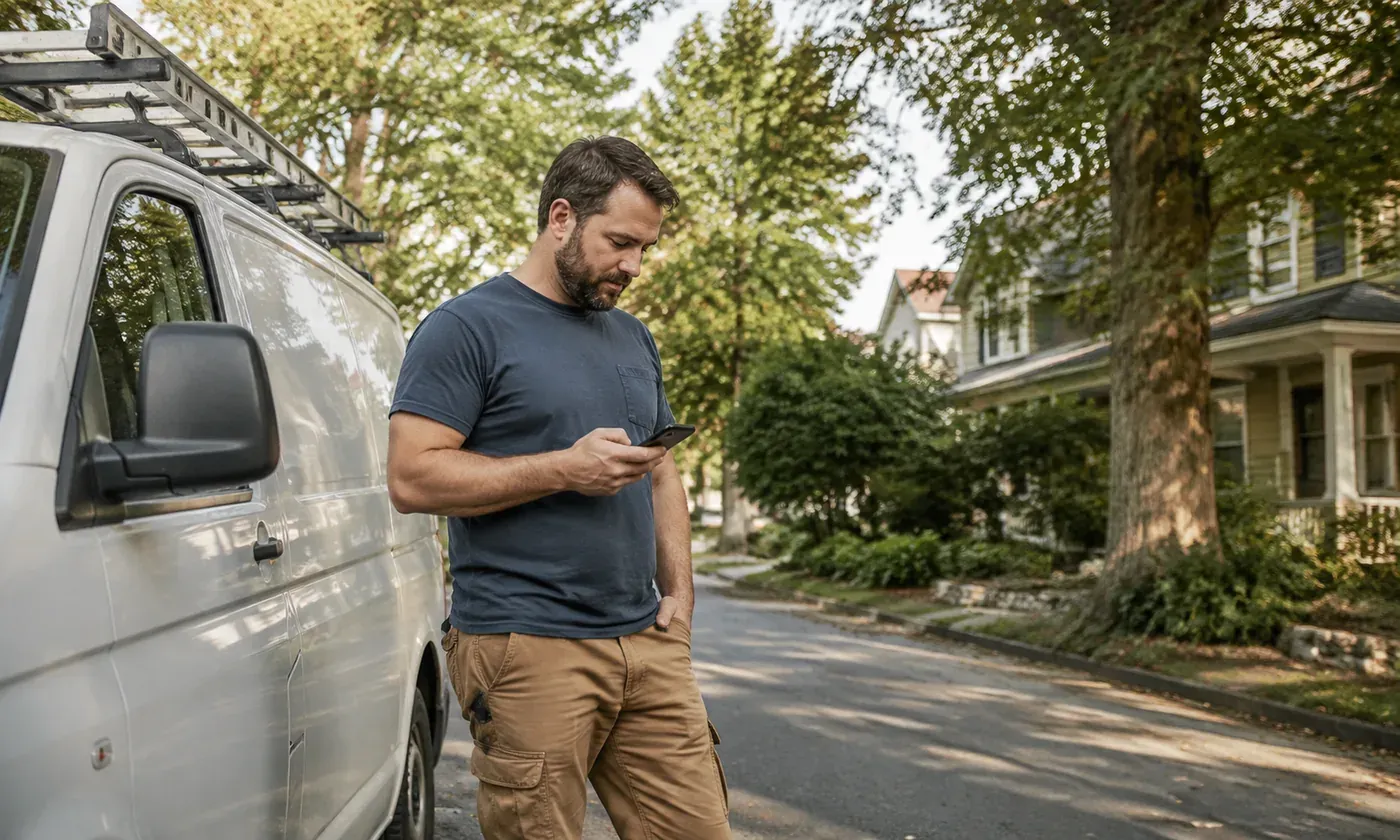 Contractor checking a phone beside a service van on a leafy residential street