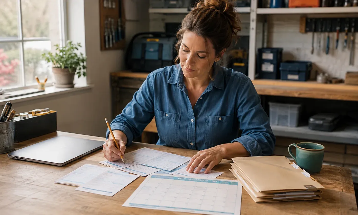 Small business owner arranging job cards and a monthly calendar at a workshop desk