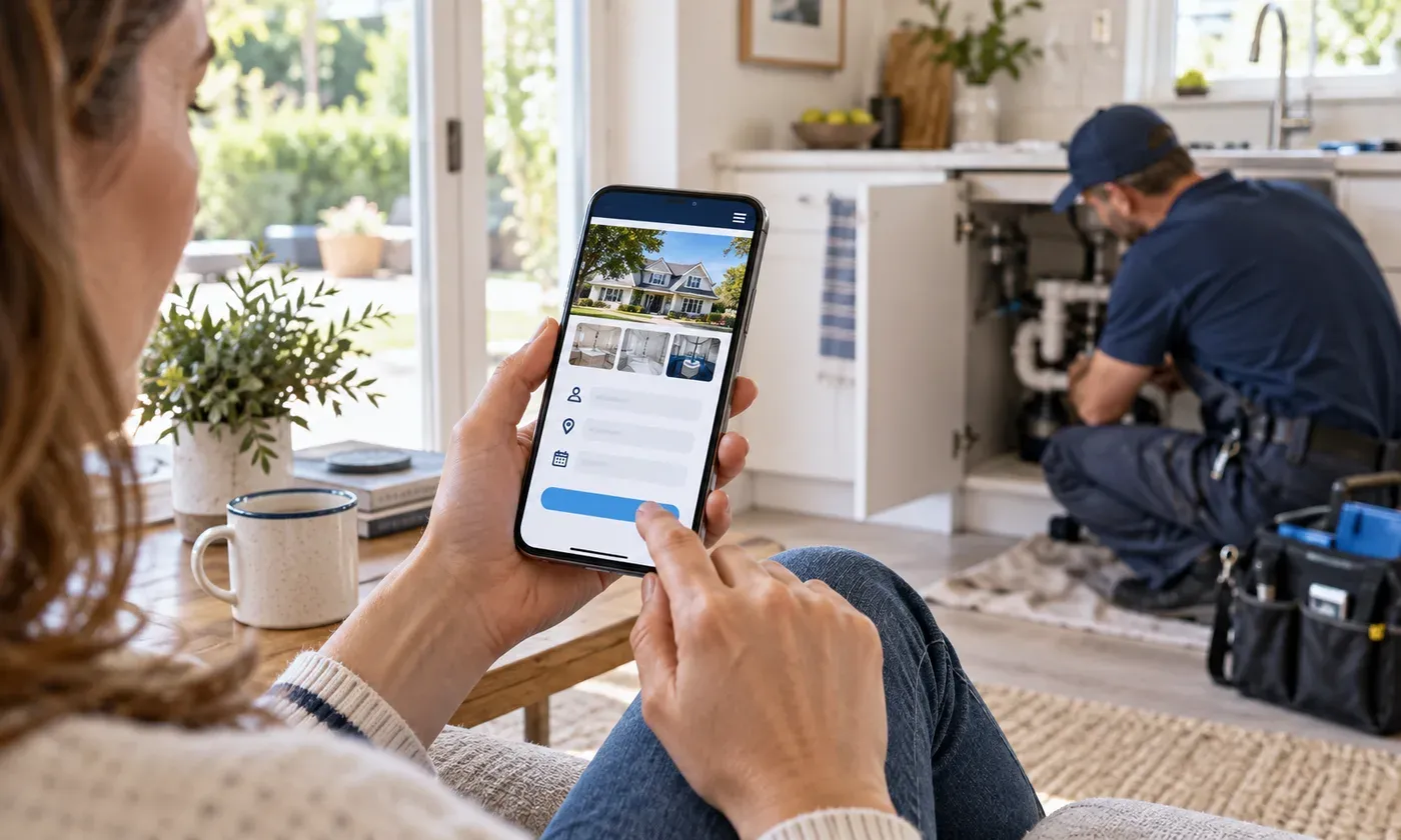 Homeowner using a clear contractor website on a phone while a plumber works nearby