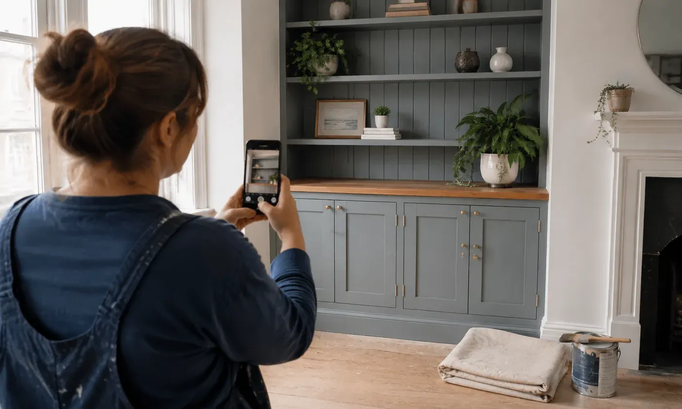 Painting contractor photographing a finished built-in cabinet with a phone in a bright home