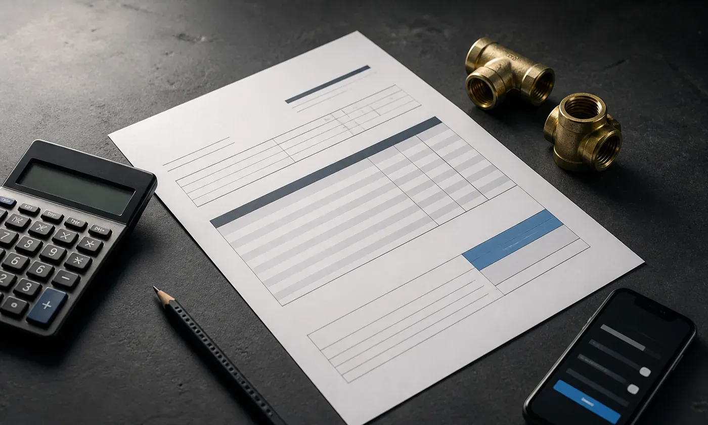 Contractor invoice, calculator, pencil and fittings arranged on a dark worktable