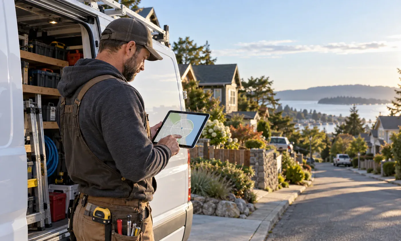 Contractor reviewing a real service area on a tablet beside an organized work van