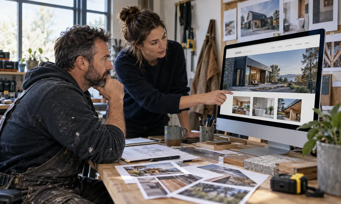 Contractor and website specialist reviewing a tailored managed website in a workshop office