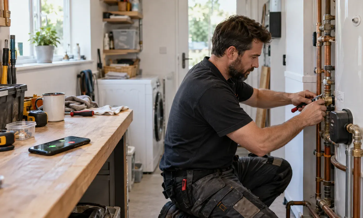 Plumber safely focused on a repair while a customer call waits on a nearby phone