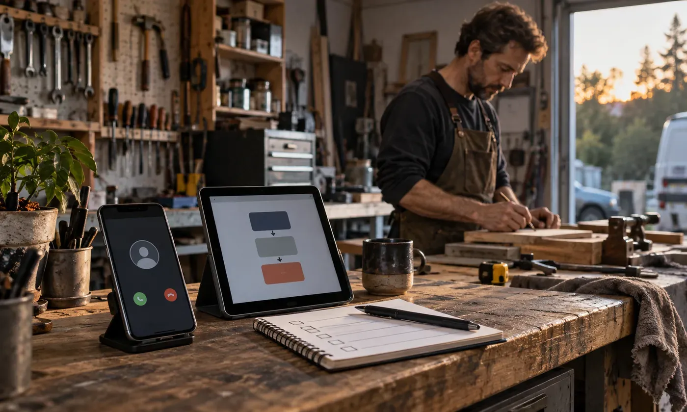 Workshop phone and tablet showing a controlled customer-call handoff while the owner works
