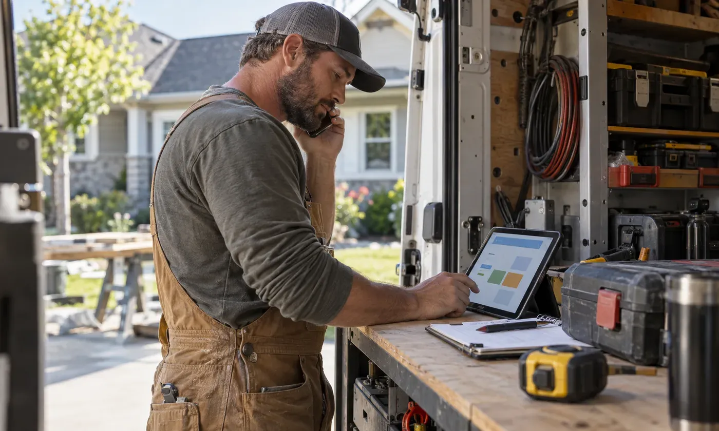 Contractor connecting a customer call to organized job details beside a service van