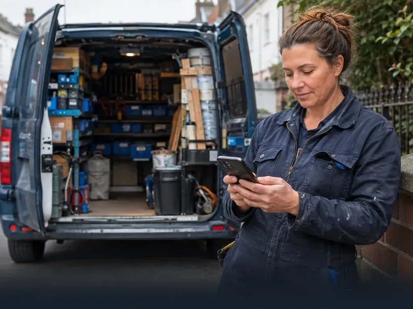 Independent tradeswoman reviewing the day beside her service van