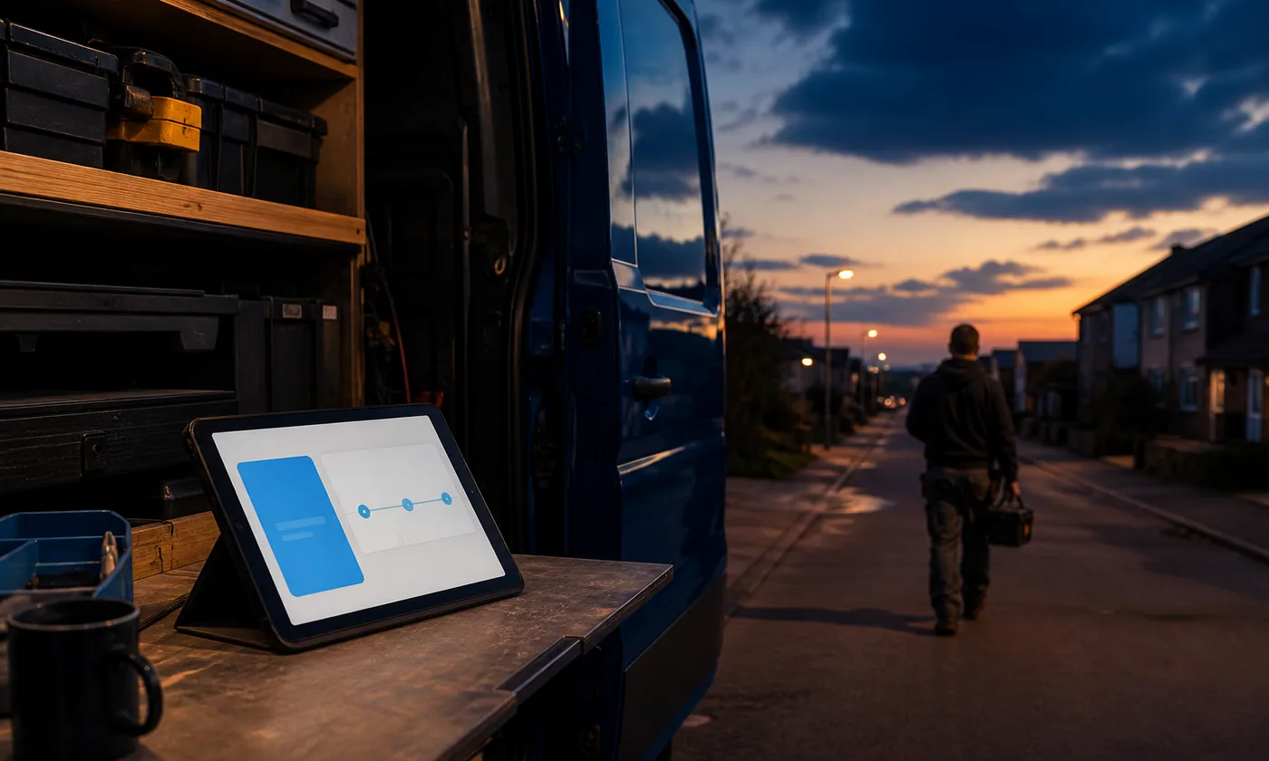AI suggestion displayed on a tablet inside an organized work van at dusk