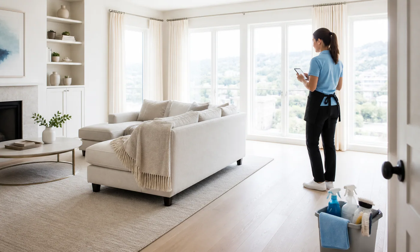 Cleaner checking the recurring schedule in a bright finished apartment