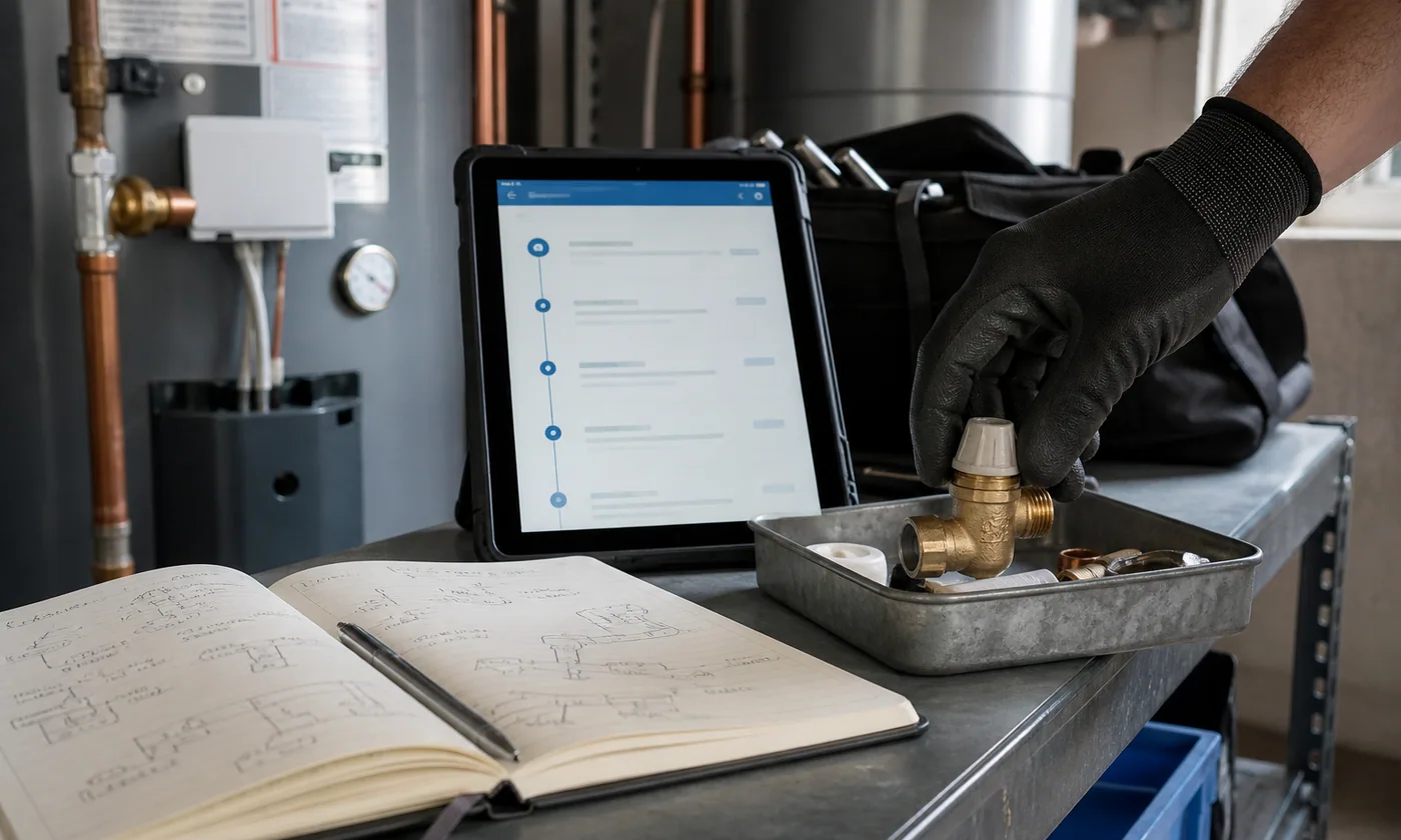 Tablet job history, field notebook and replacement part prepared beside equipment