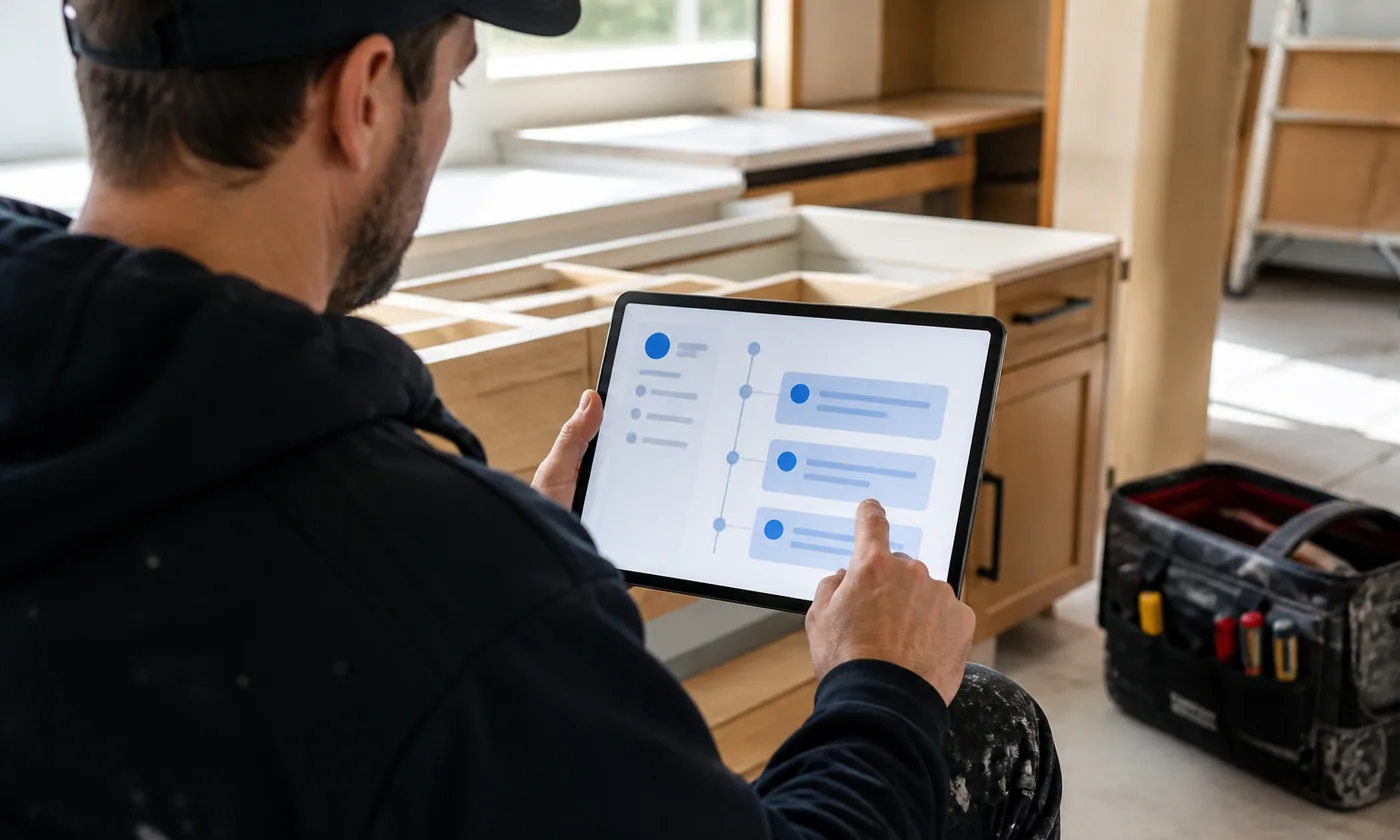 Tradesperson reviewing customer and job history on a tablet in a kitchen