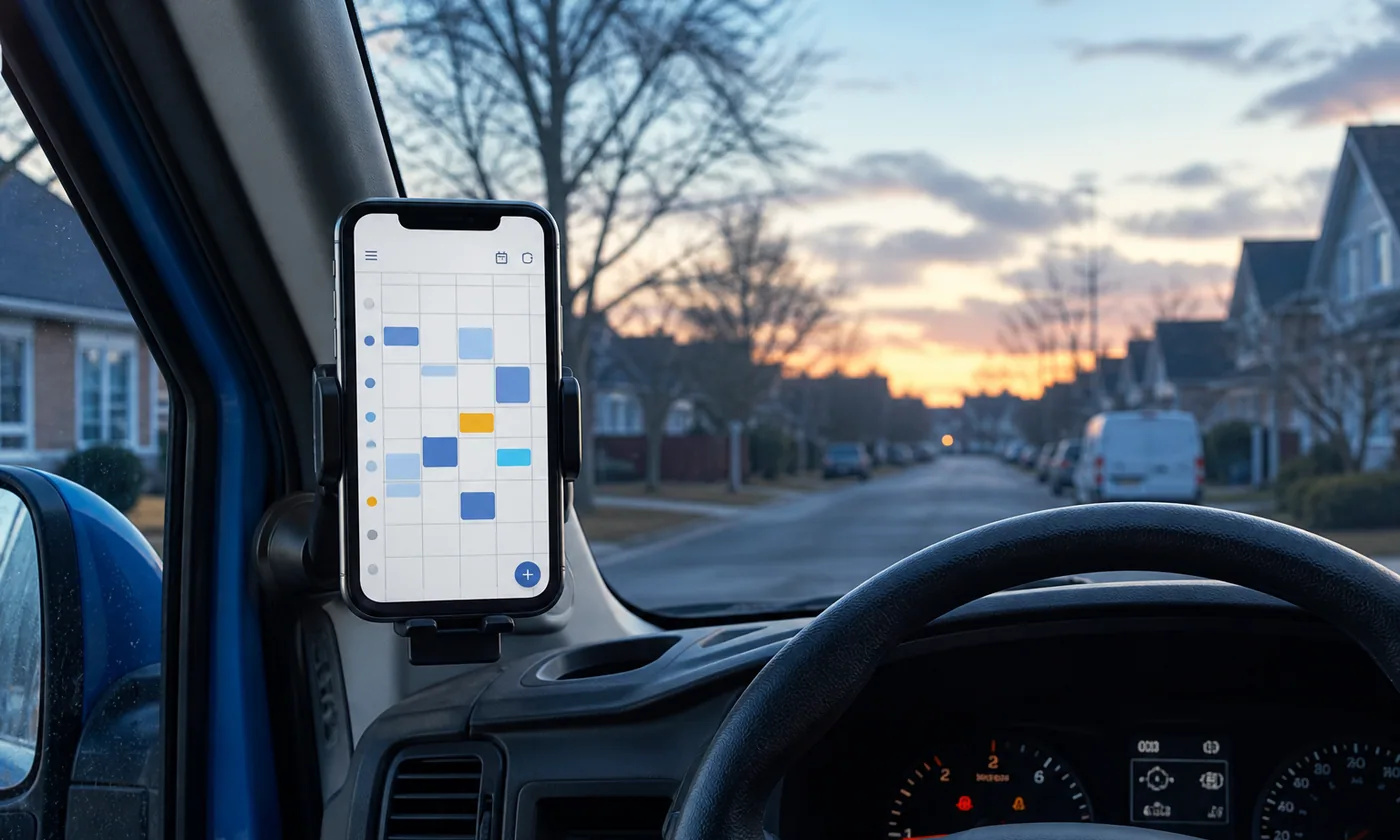 Job schedule displayed on a mounted phone inside a work van at dawn
