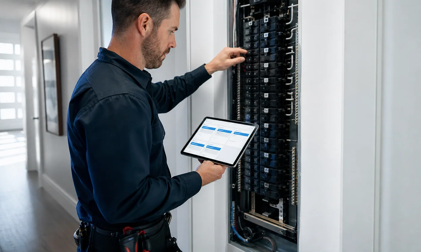 Electrician checking a residential service panel while holding a tablet