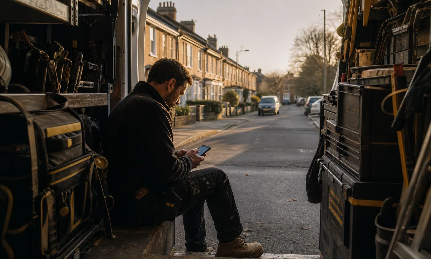 Tradesperson completing phone admin while seated at the back of a work van