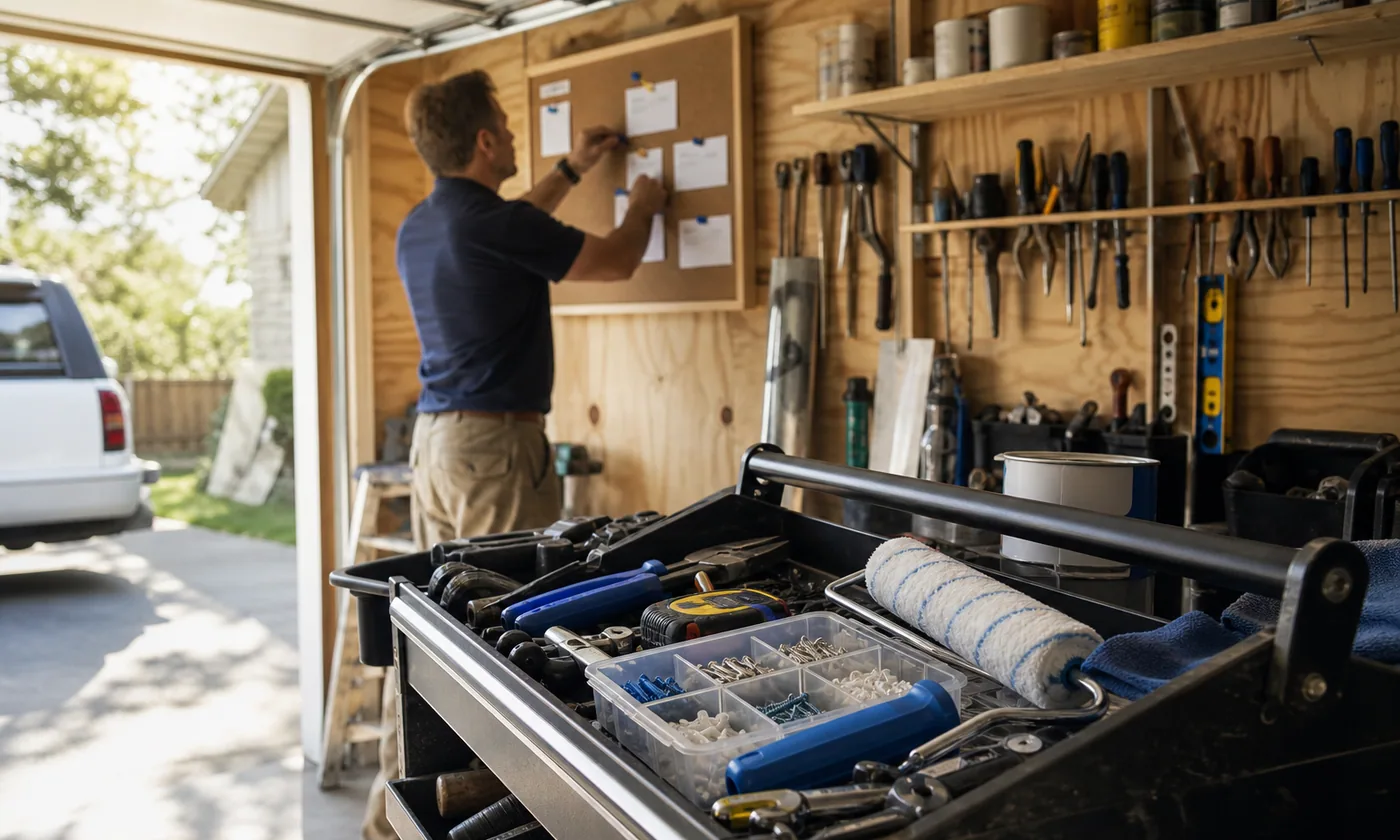 Handyman organizing a varied day beside a stocked rolling tool cart