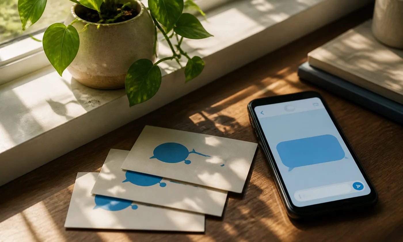 Phone and service reminder cards in warm window light beside a houseplant