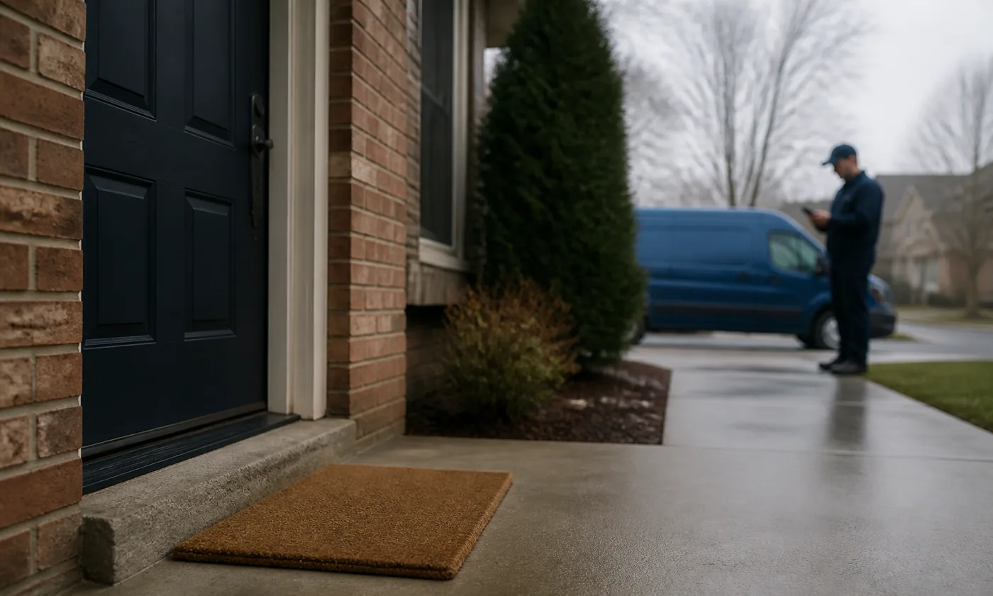 Empty customer doorstep with a service professional waiting near a blue van