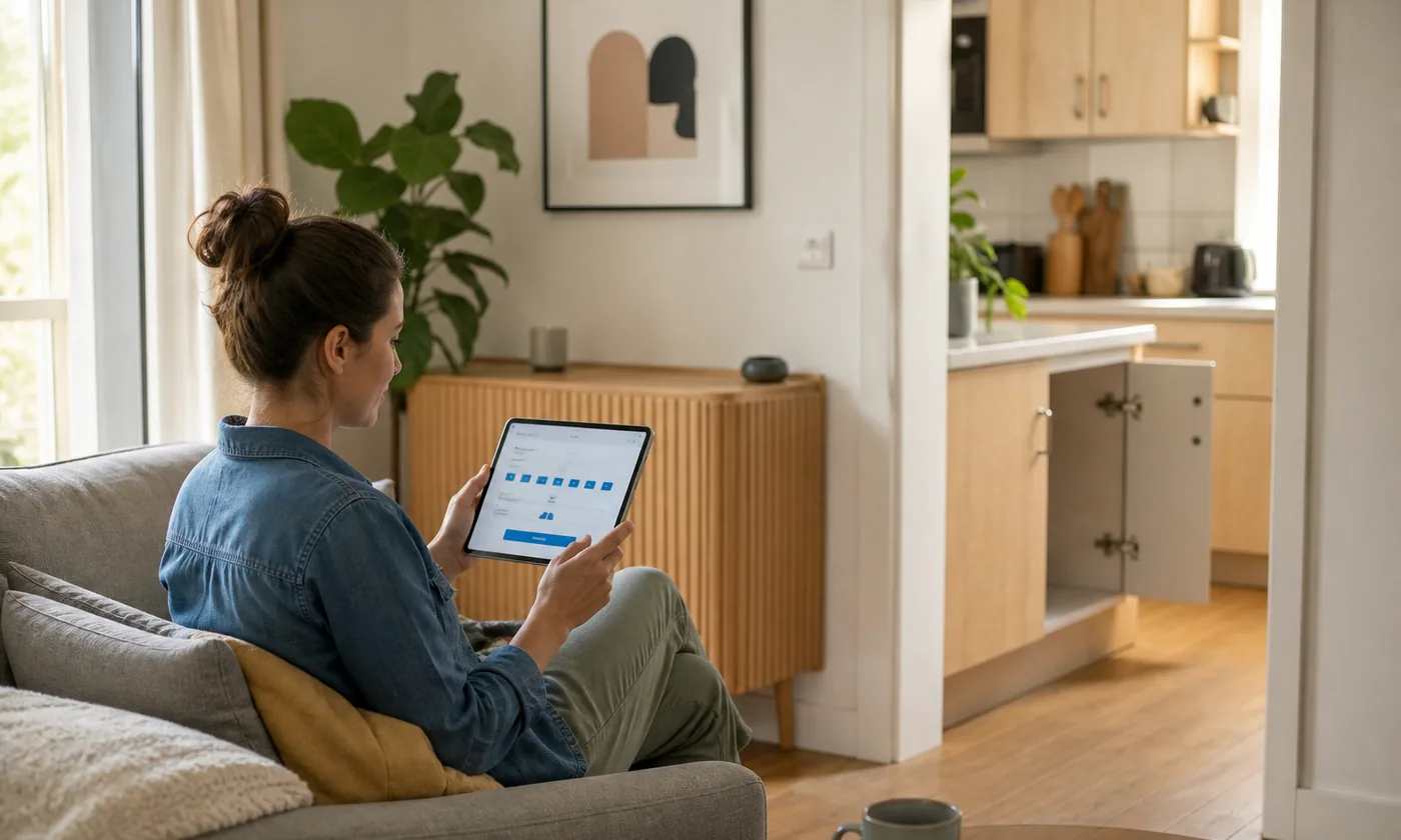 Homeowner completing a service booking request on a tablet at home