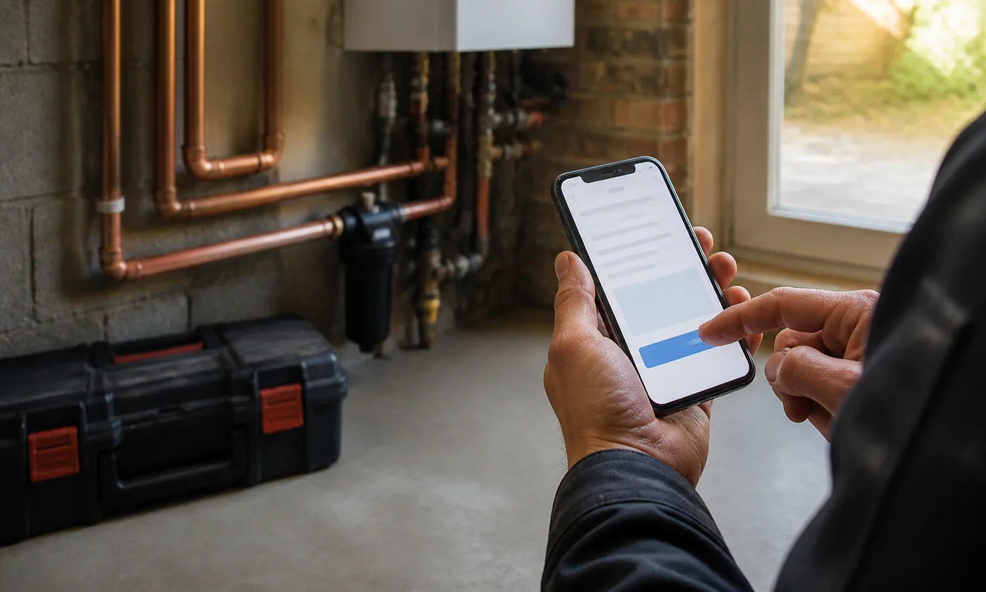 Contractor completing a mobile invoice beside finished pipework and a tool case