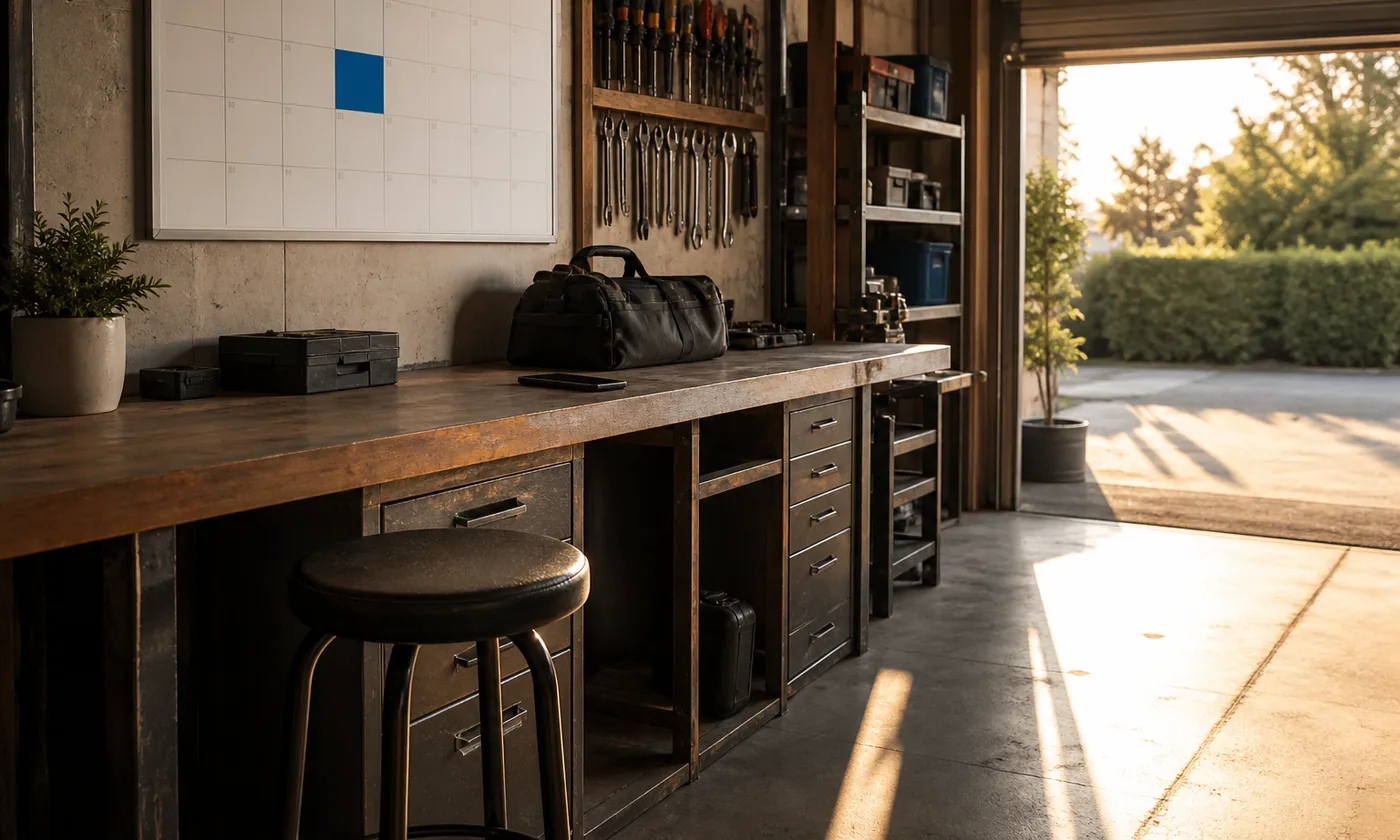 Quiet sunlit workshop with an open schedule, packed tools and an empty stool