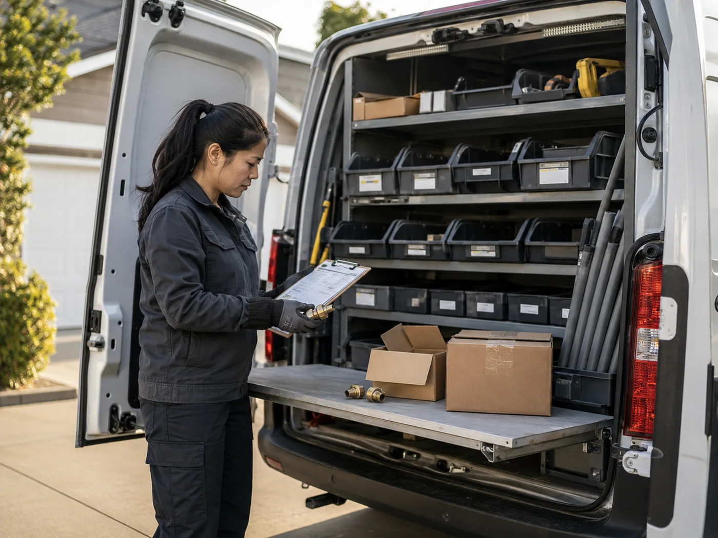 A solo contractor reviewing parts and materials