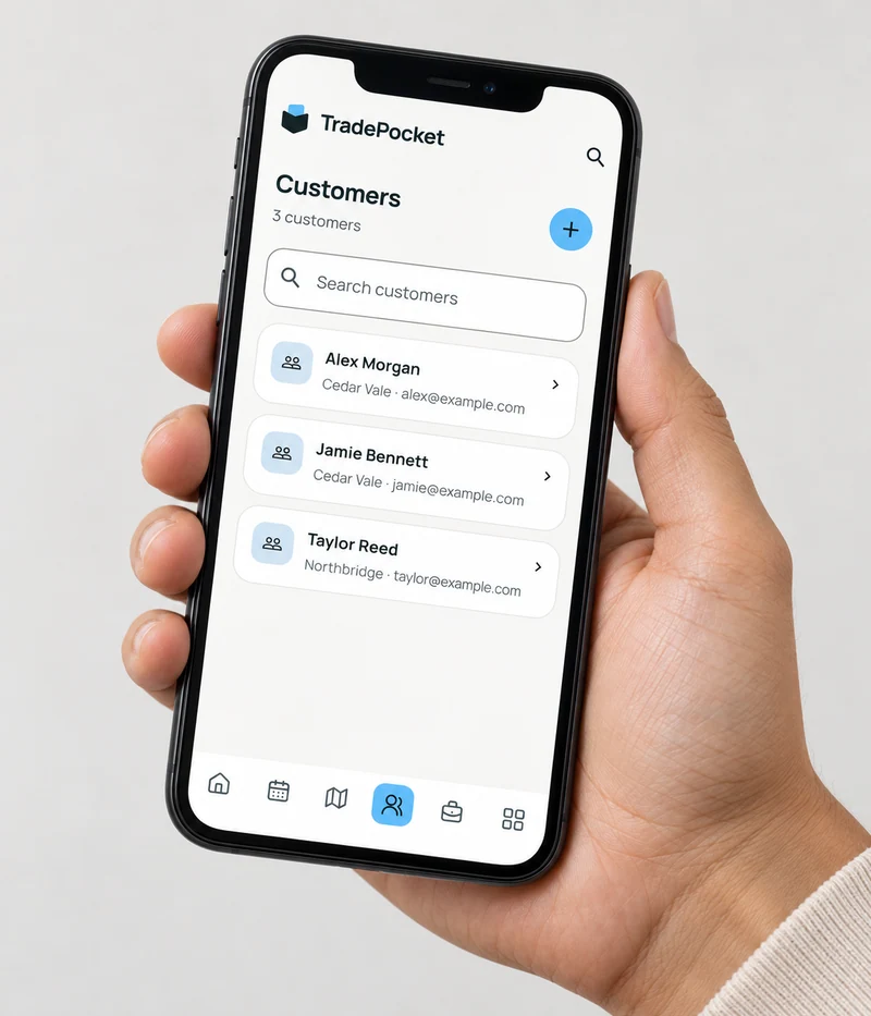A hand holding a phone showing TradePocket customer names, contact details and search