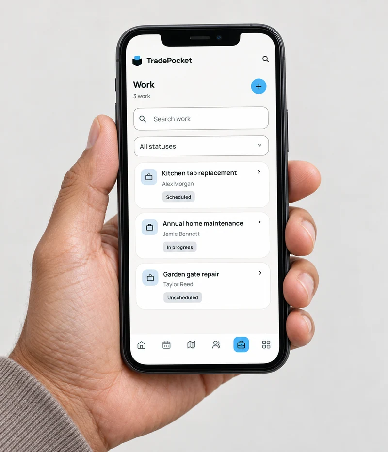 A hand holding a phone showing scheduled jobs, work in progress and unscheduled repairs in TradePocket