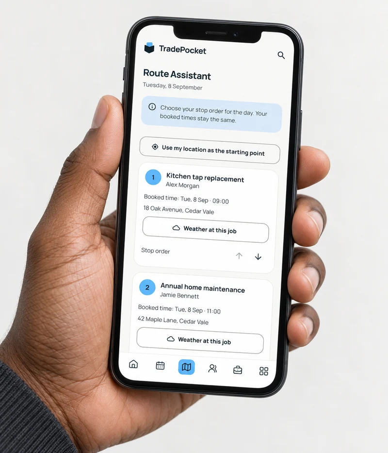 A hand holding a phone with Route Assistant, customer service addresses and weather for each booked job