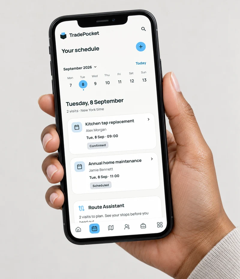 A hand holding a slightly tilted phone showing TradePocket's weekly schedule and booked customer visits