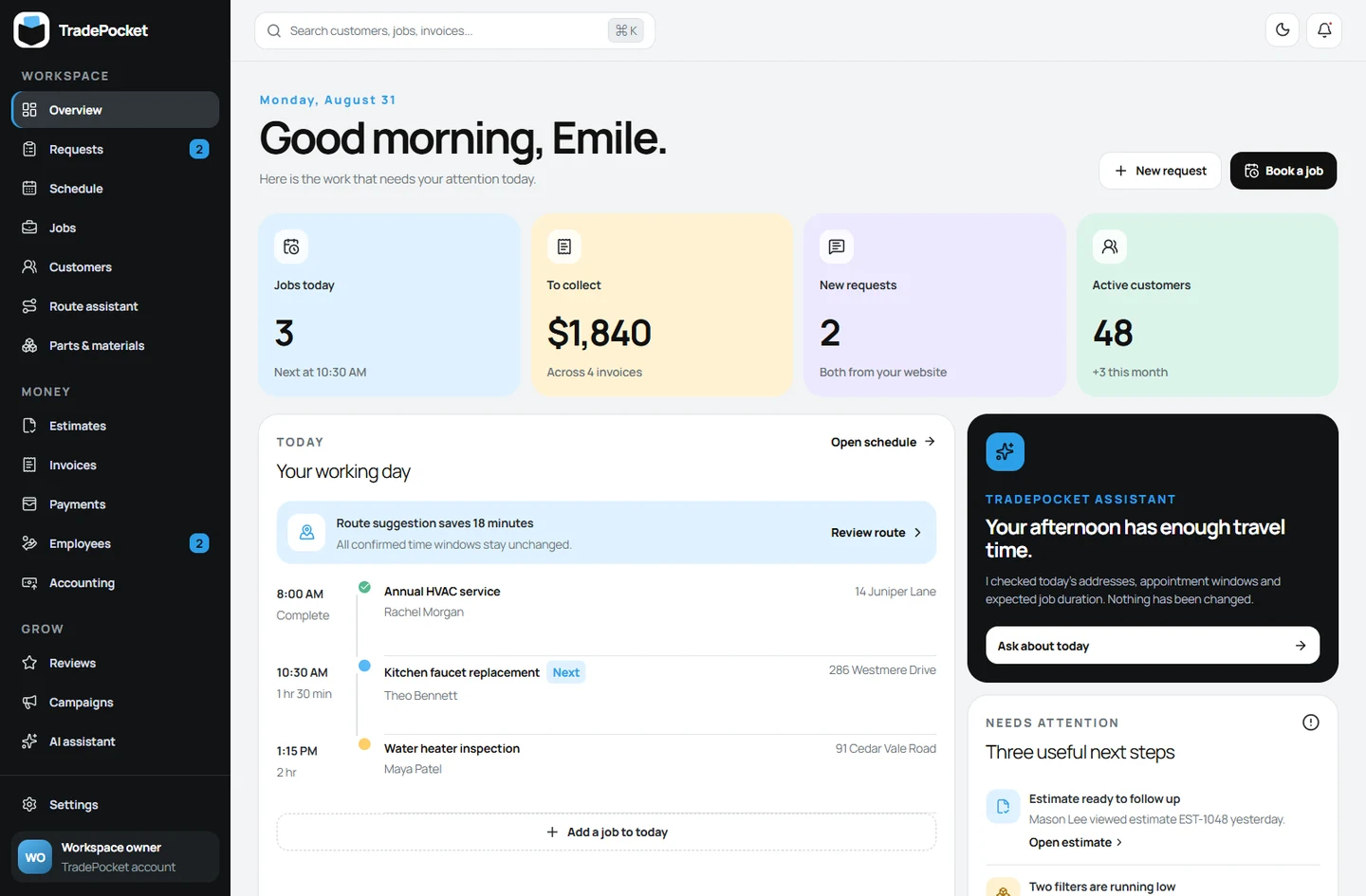 TradePocket Core dashboard showing today's jobs, money to collect, customer requests and the working-day schedule