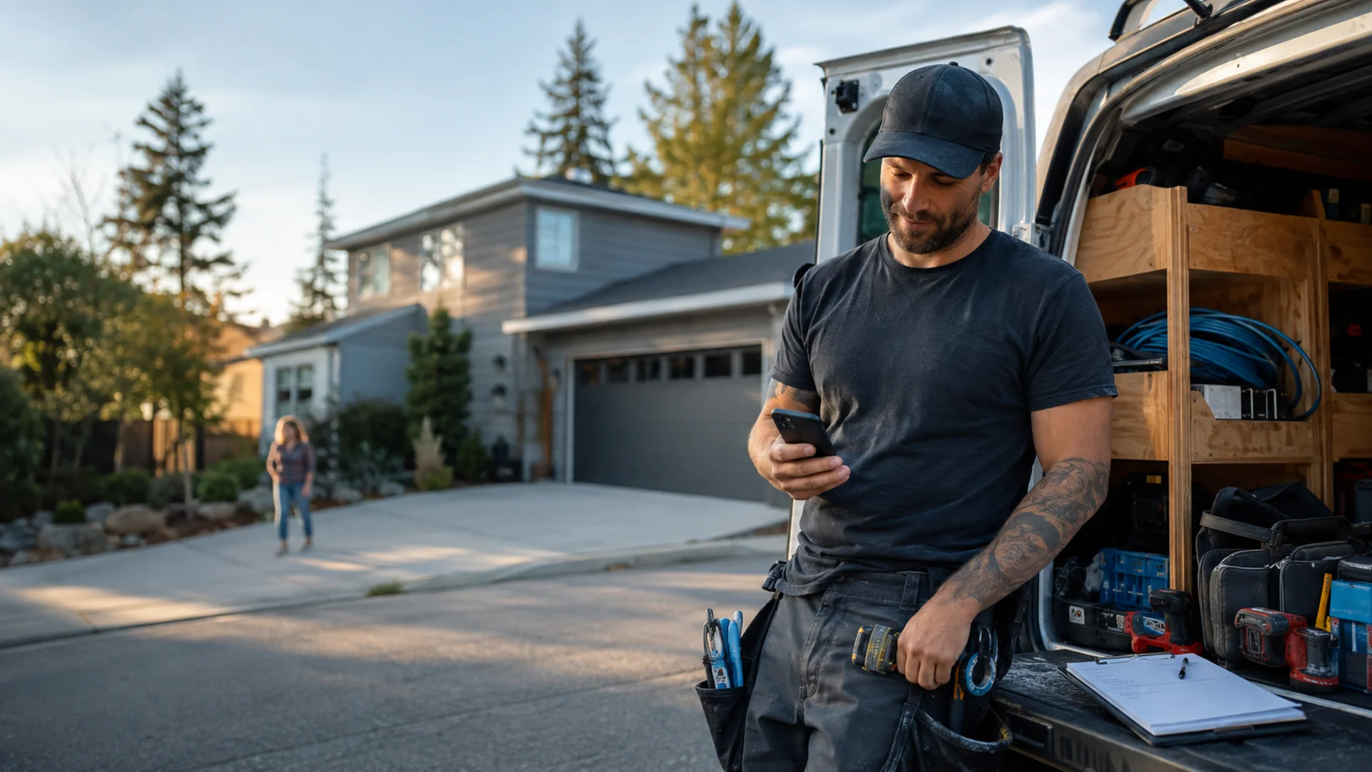 Independent contractor checking the next job action beside an organized service van